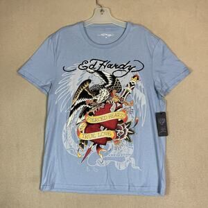 Ed Hardy T Shirt Mens M Blue Pierced Hearts and True Love Graphic Crew Neck Tee